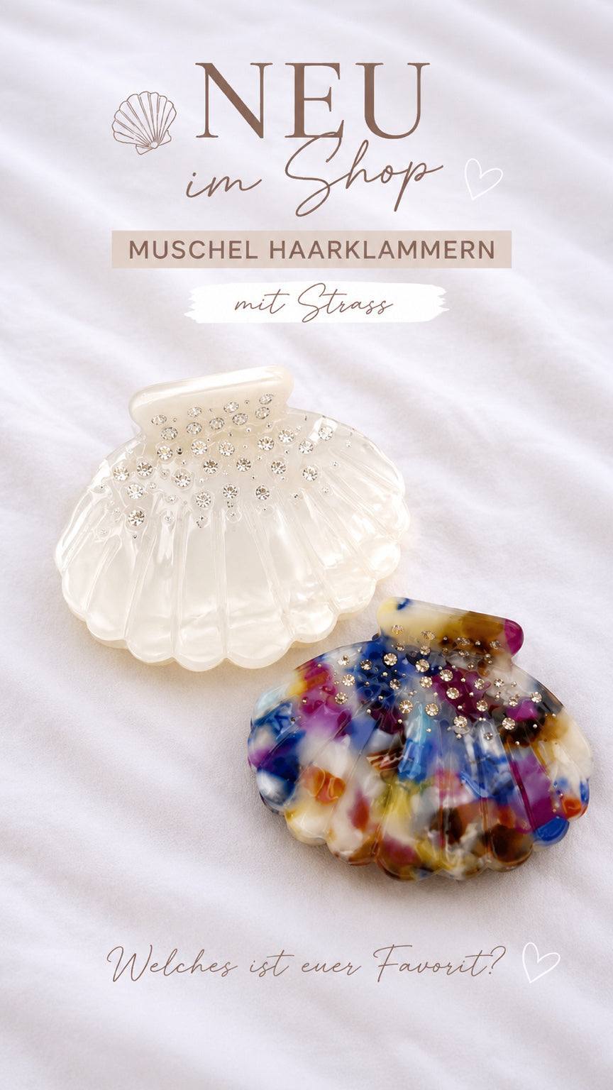 Muschel Haarklammer Weiß mit Strass 🐚